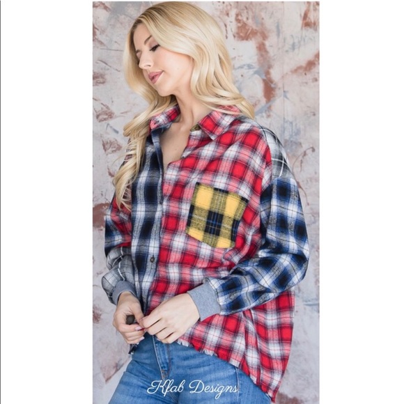New! Sale 🎉 Reverse Multi Plaid Flannel Button down top shirt - Picture 1 of 6